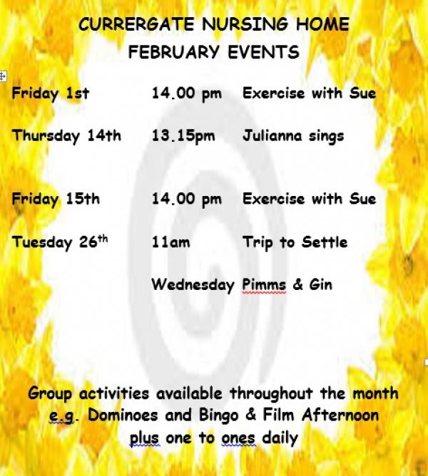 What's happening at Currergate Nursing Home in February? 