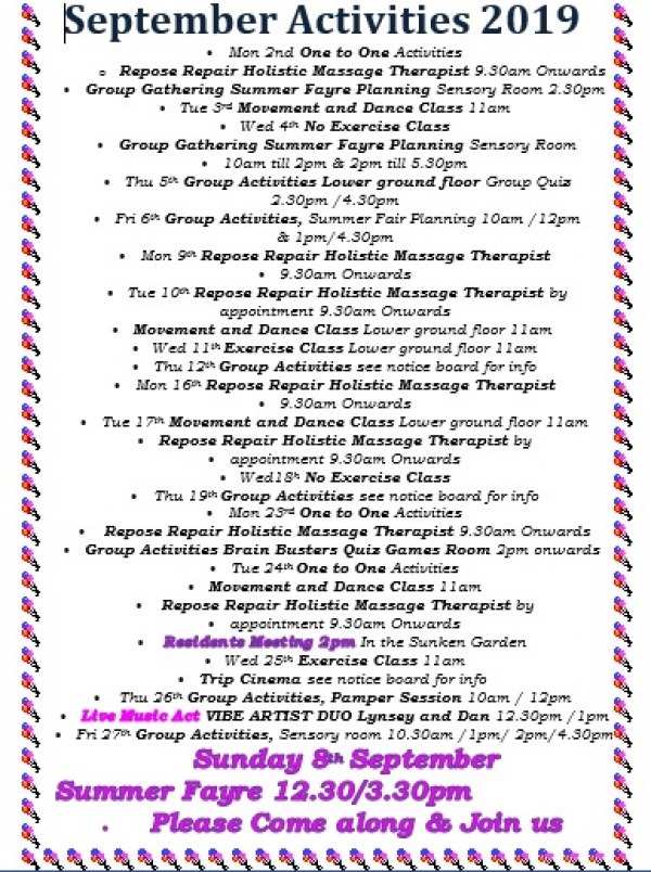 Staveley Birkleas - the specialist nursing home in the North - activities list