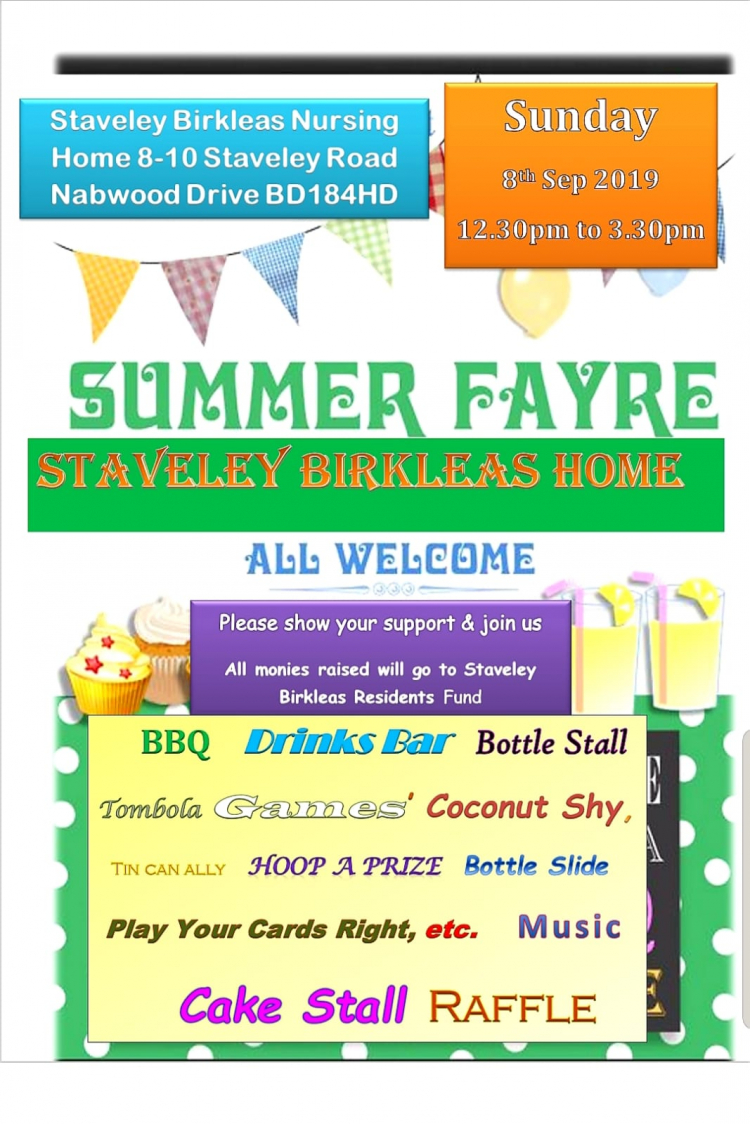 Staveley Birkleas Summer Fair on Saturday 8th September 12.30 - 3.30pm. 