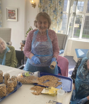 Homemade bird feeders created at Fairmount Nursing Home 